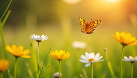 Orange butterfly fluttering above daisies in a golden fieldの写真素材