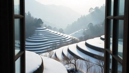 Snow-covered rice terraces viewed through a window, peaceful sceneの写真素材