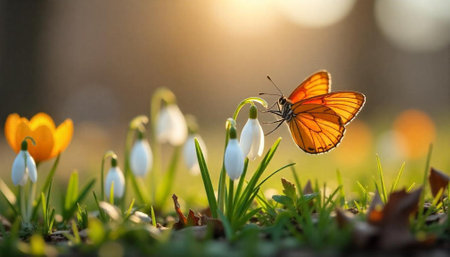 Butterfly on white flowers in spring sunlight morningの写真素材