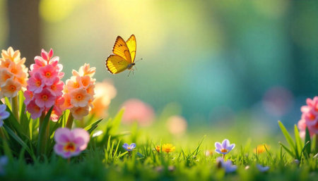 Yellow butterfly on flower meadow with blurred background photoの写真素材