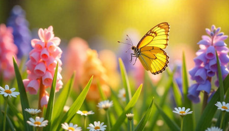 Butterfly and wildflowers in a field during springtimeの写真素材