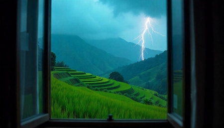 Rice terraces view through window during storm with lightningの写真素材