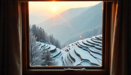 Winter morning view of rice terraces from a cozy windowの写真素材