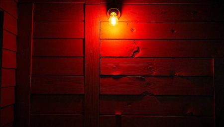 Illuminated Red Wooden Wall with Glowing Bulb Overheadの写真素材