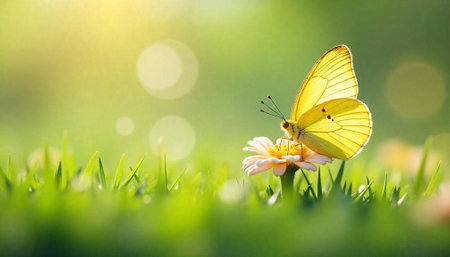 Yellow butterfly resting on a flower in a meadowの写真素材
