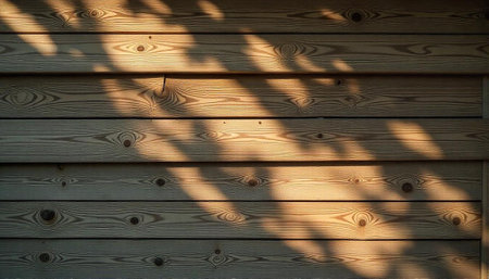 Sunlight and shadow patterns on wooden planks texture backgroundの写真素材