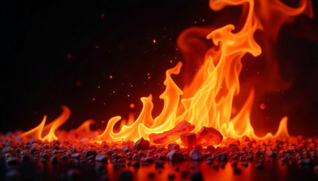 Vibrant flames rising above hot rocks and embers backdropの写真素材