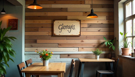 Rustic restaurant interior with wooden wall and warm lighting