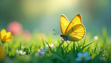 Butterfly perched on grass in field of flowersの写真素材