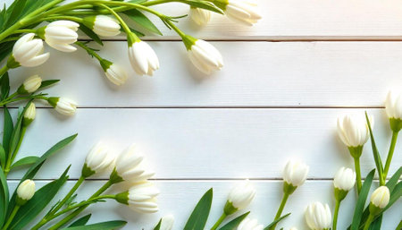 White tulips with green leaves on a white backgroundの写真素材