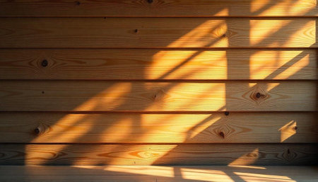 Sunlit wooden wall with natural grain and textureの写真素材