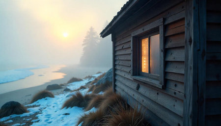 Seaside cabin at sunset enveloped by the winter fogの写真素材