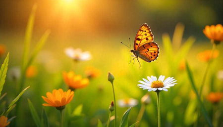 Butterfly gracefully fluttering over field of daisies and wildflowersの写真素材