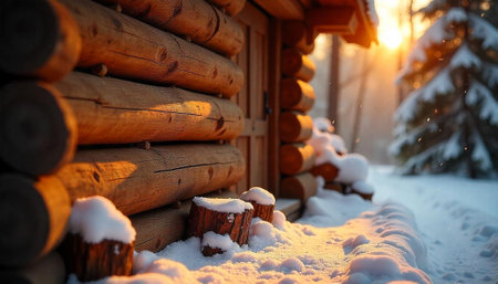 Cozy log cabin in winter forest at sunsetの写真素材