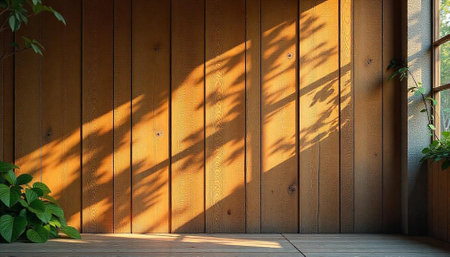Rustic wooden panel wall with natural lighting and plantsの写真素材