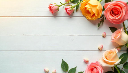 Beautiful pastel roses on white wooden surface with copy spaceの写真素材