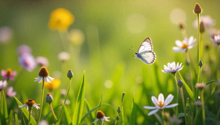 Butterfly hovers over wildflowers on a sunny meadowの写真素材