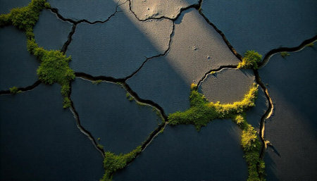 Cracked earth with moss growing in the fissures textureの写真素材