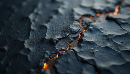 Abstract cracked earth texture with glowing orange molten lavaの写真素材