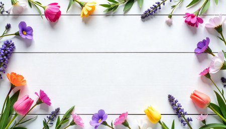 Colorful springtime flowers frame a clean white wooden surfaceの写真素材