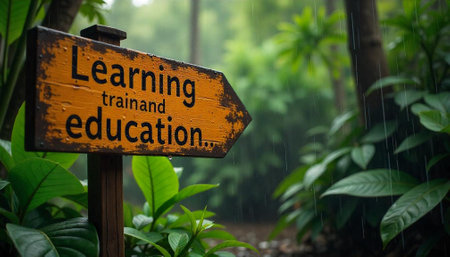 Directional learning and education signpost in lush green environmentの写真素材