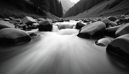 Monochrome River Landscape with Rocks and Long Exposure