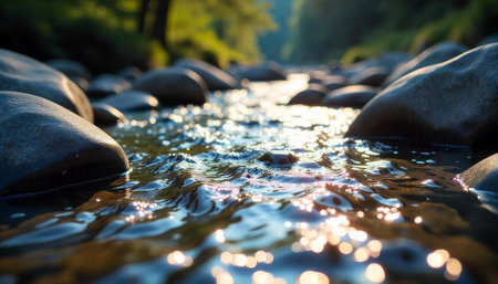 Sunlight shimmering on a calm river flowing over rocksの写真素材