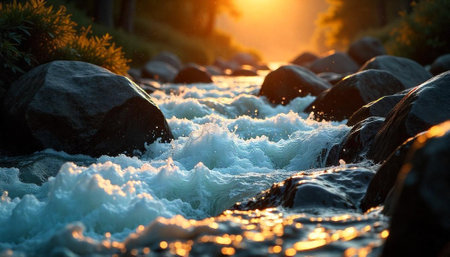 Sunlit river water flowing over rocks with sunset backdropの写真素材