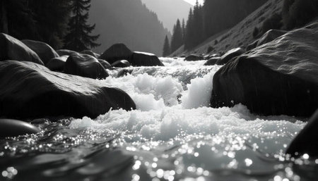 Monochromatic mountain river rushing through rocks and evergreen forestの写真素材