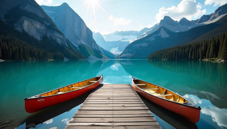 Two canoes on a dock at Lake Louise Albertaの写真素材