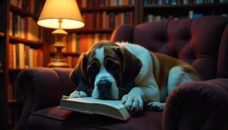 Saint Bernard dog napping on a book in libraryの写真素材