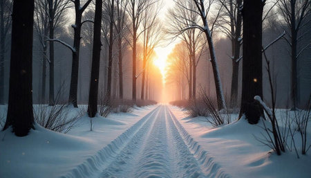 Snowy winter path through forest with light streaming throughの写真素材