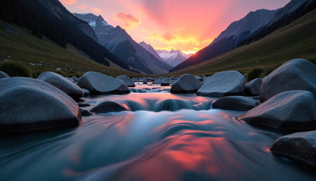 Majestic mountain valley stream at sunset landscape image