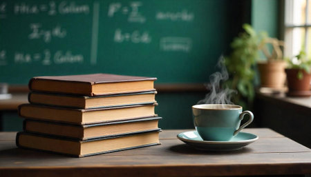 Still life composition of books and tea in classroomの写真素材