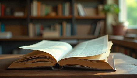 Open book on wooden table with blurred bookshelf background