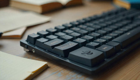 Close up of a mechanical keyboard on wooden desk