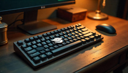 Wooden Desk with Keyboard and Graduation Cap Still Lifeの写真素材