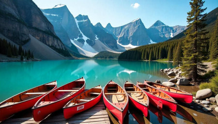 Moraine Lake canoes with majestic mountain backdrop sceneryの写真素材
