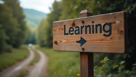 Wooden sign directing to learning in natural environment