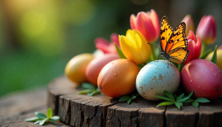 Easter eggs, butterfly and tulips arrangement on wooden surface