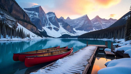 Three red canoes at a snowy dock on a lake