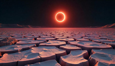 Barren landscape under a glowing eclipse, desert earthの写真素材