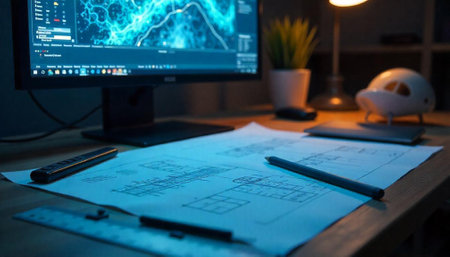 Blueprint and screen depicting technology at the designer's desk