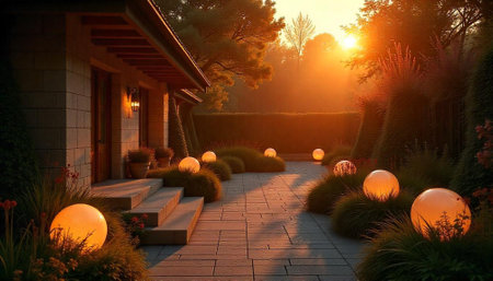 Warm sunrise illuminates luxurious garden with spherical lightingの写真素材