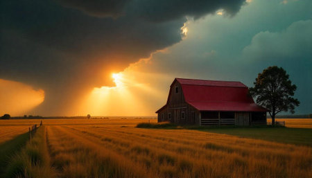 Red barn in golden field under dramatic stormy sky