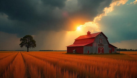 Rural landscape with red barn against a dramatic sunset sky