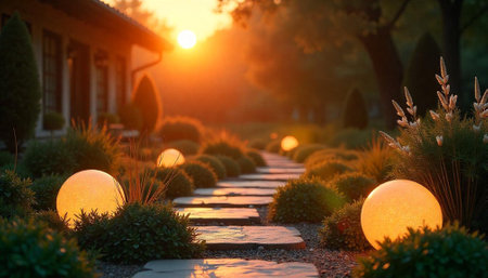 Glowing orb lights illuminate a garden path at sunsetの写真素材