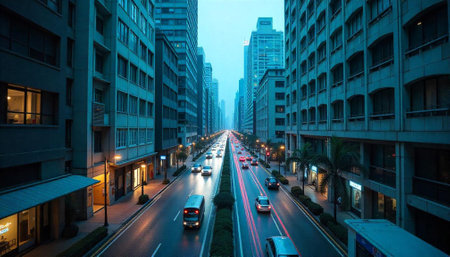 City street with buildings and traffic in cool tonesの写真素材