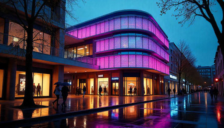 Rainy city street with illuminated building at dusk