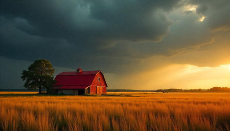 Red barn in golden field with stormy dramatic skies